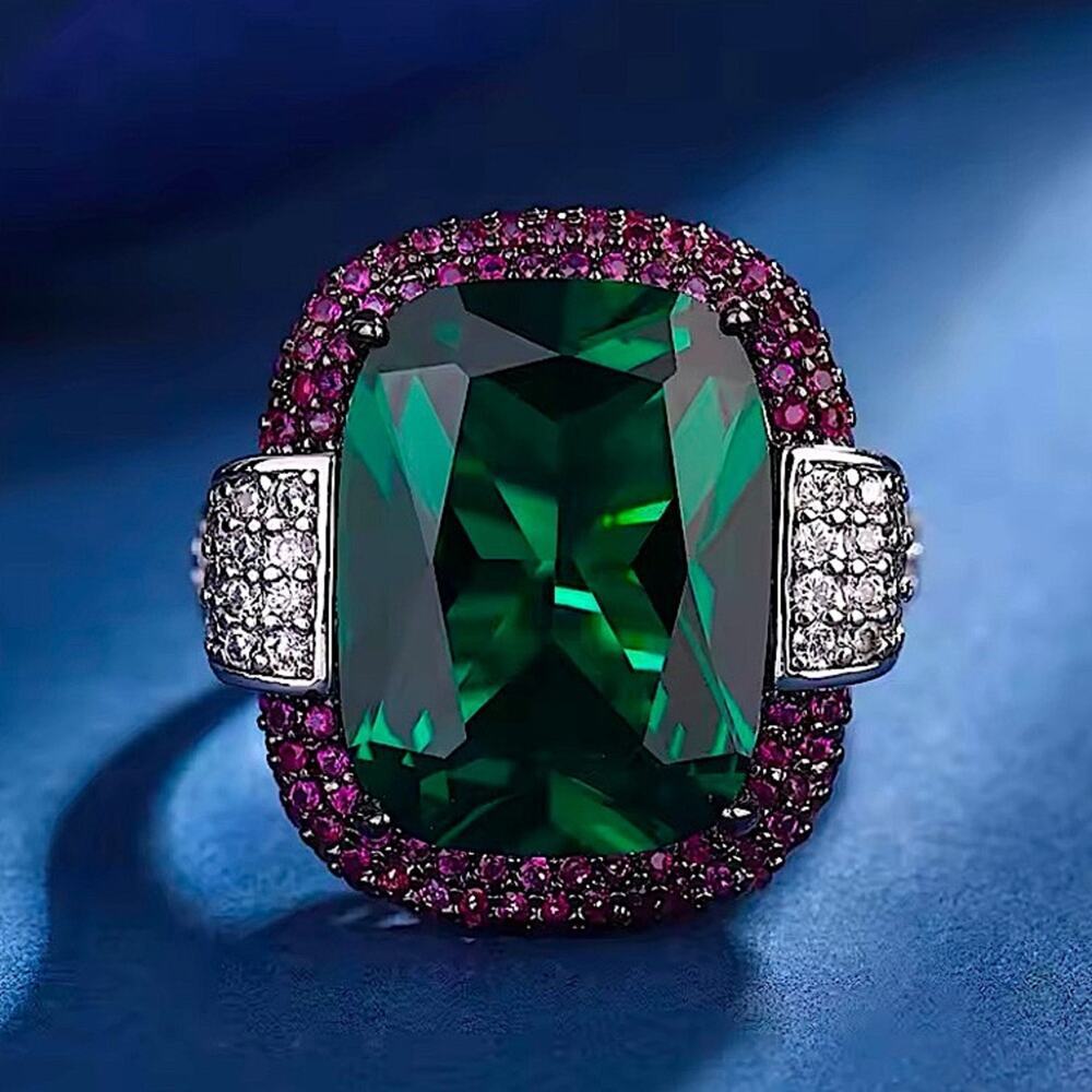Emerald Green Statement Ring with Pink Halo - Picture 2 of 9